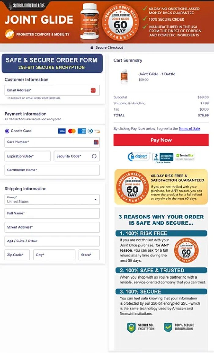 Secure payment receipt from official Joint Glide website
